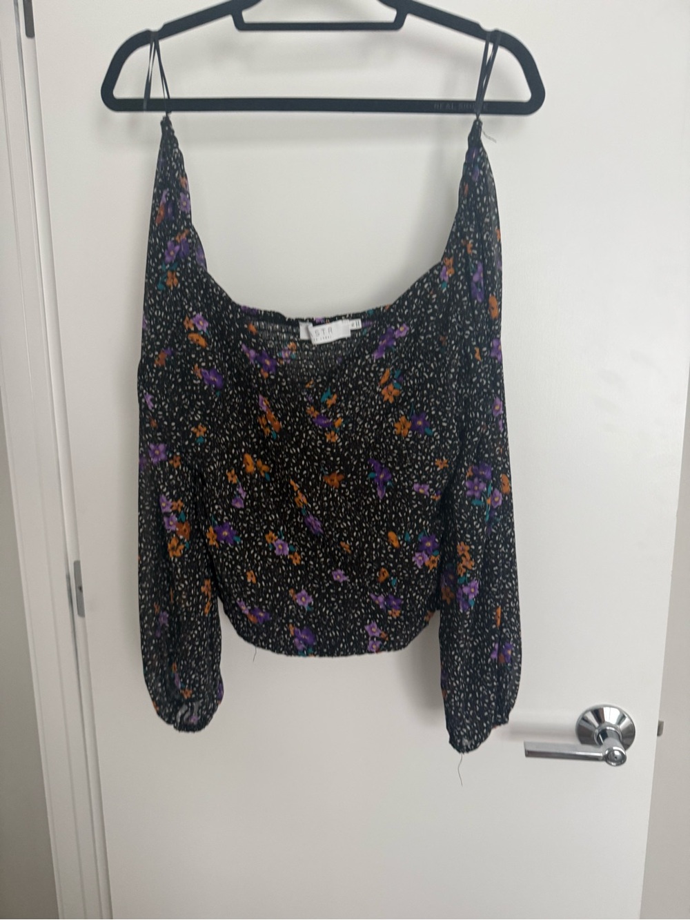 ASTR Floral Off-Shoulder Long Sleeve Top - Black with Purple & Orange